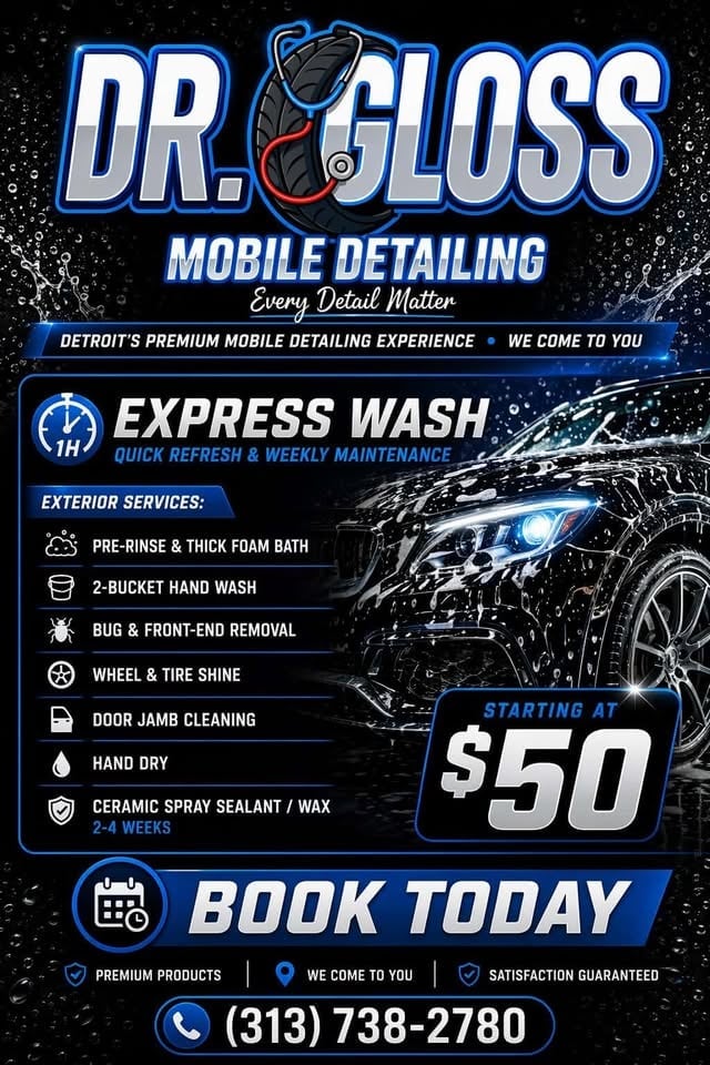 Dr. Gloss Mobile Detailing promotional flyer advertising express car wash services starting at $50 with booking information.