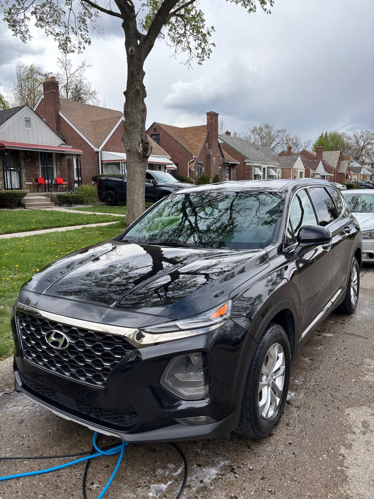 Black Hyundai SUV parked on suburban street with brick houses and large tree in background
