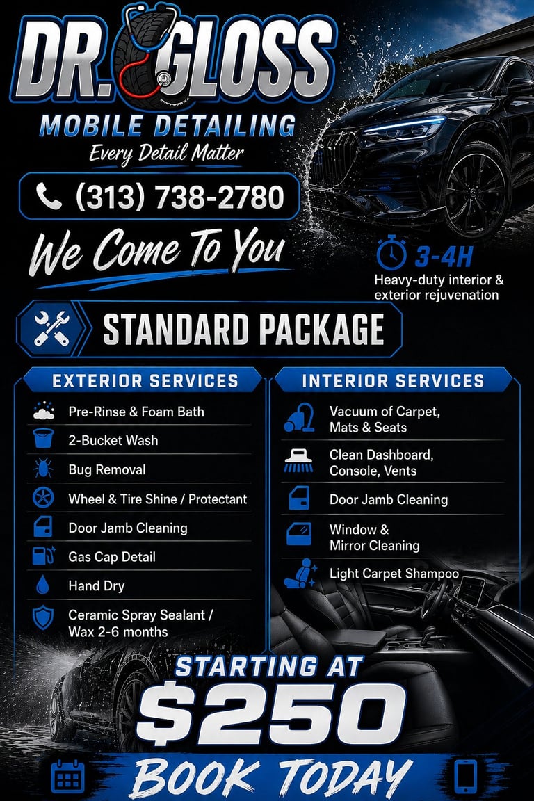 Dr. Gloss mobile detailing service flyer featuring exterior and interior car detailing packages starting at $250