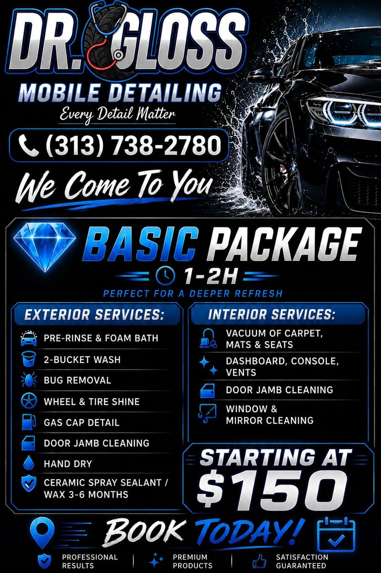 Dr. Gloss Mobile Detailing ad showing Basic Package for $150, featuring car wash and interior cleaning services. Call (313) 738-2780.
