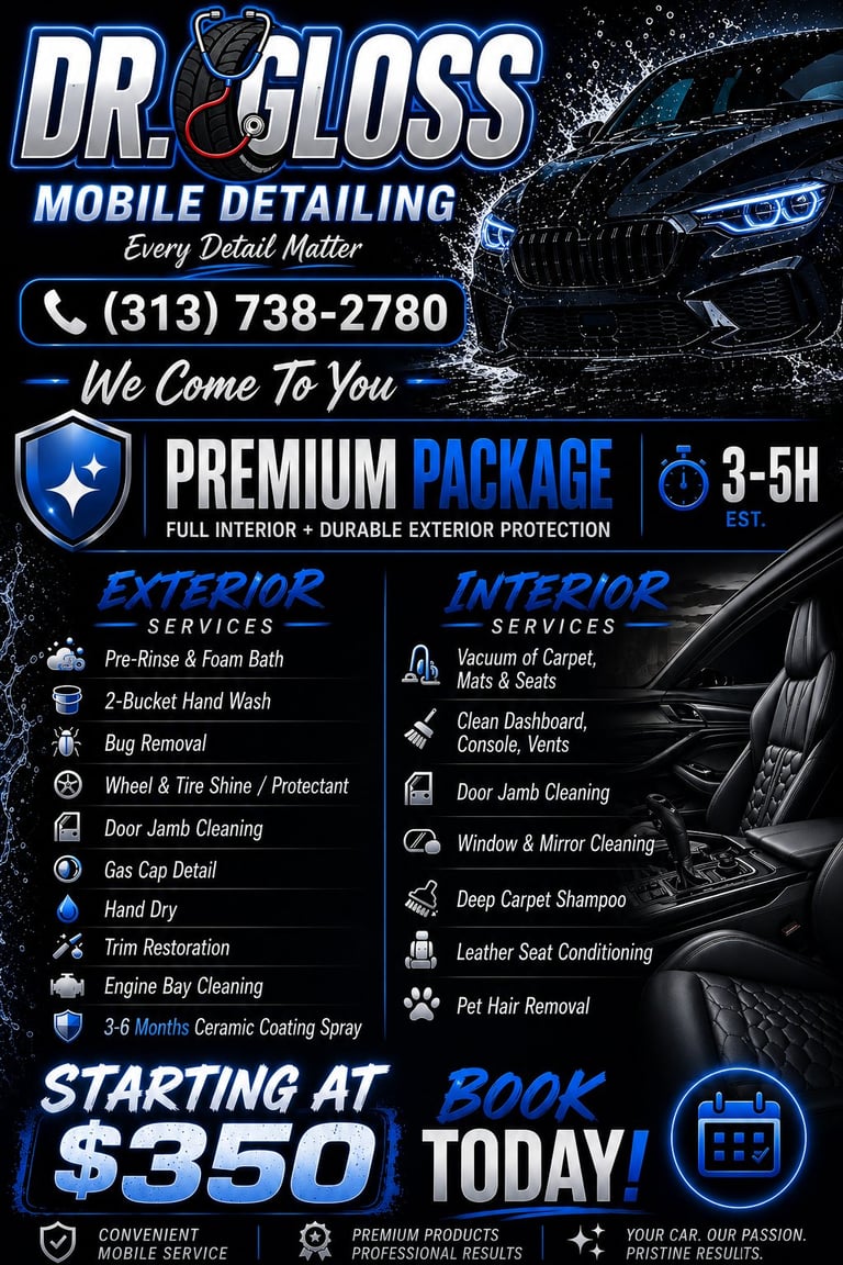 Dr. Gloss Mobile Detailing service advertisement with premium package details, pricing starting at $350, and contact number (313) 738-2780