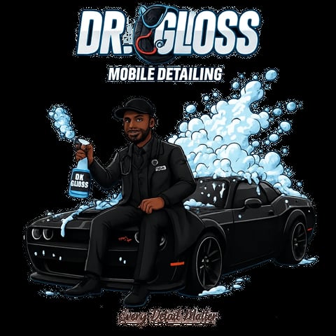 Dr. Gloss Mobile Detailing logo featuring a man in black holding a spray bottle next to a black car surrounded by blue soap bubbles